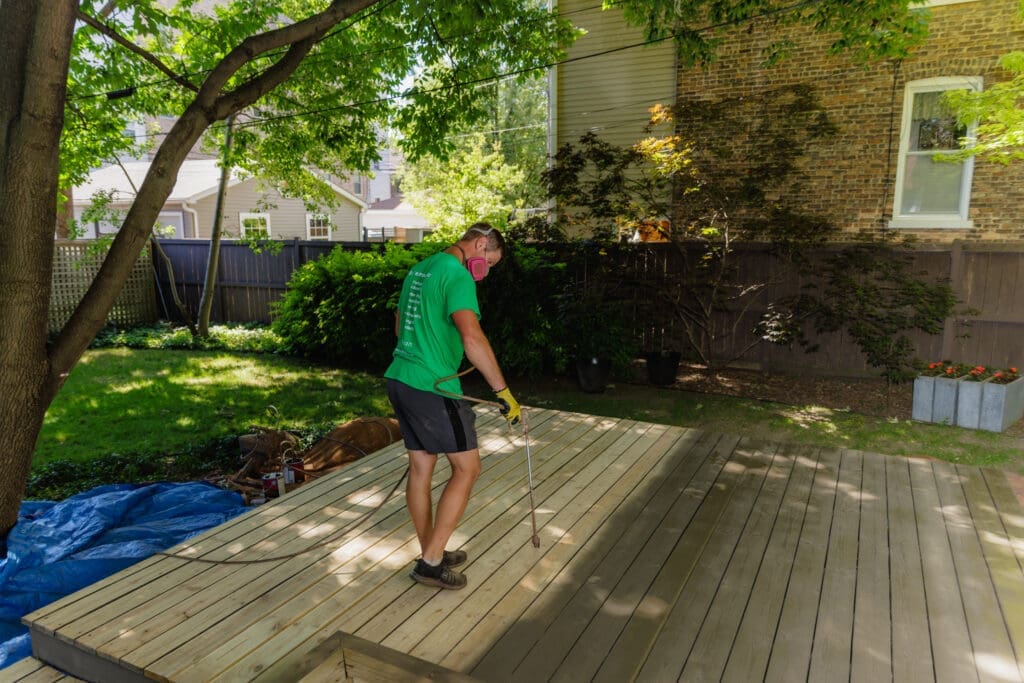 Spotlight on a deck just treated with a new stain