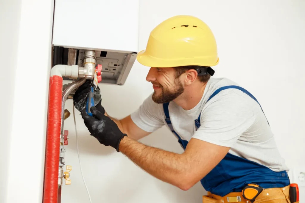 a man in a hard hat working on a gas boiler