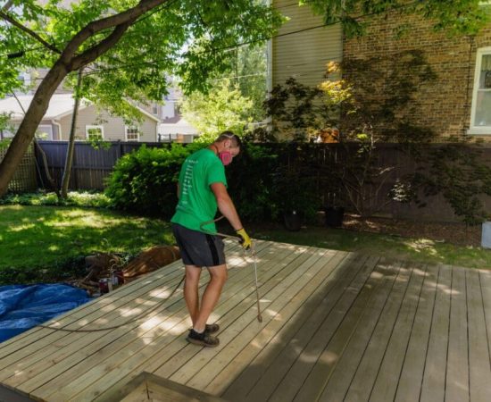 Spotlight on a deck just treated with a new stain